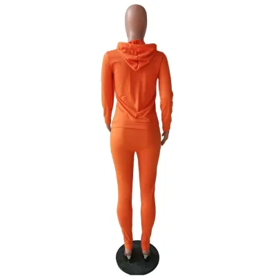 Autumn Solid Color Pocketed Hoody Sweatsuit