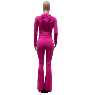Autumn Solid Color Hoody Shirt and Flare Pants Set