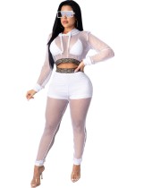 Party Sexy Fishnet Hoody Crop Top and High Waist Pants Set