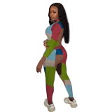 Autumn Matching Two Piece Colorful Zipper Crop Top and Pants Set