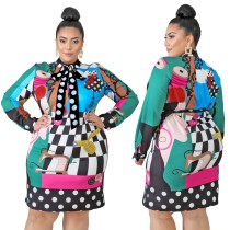 Plus Size Autumn Character Print Colorful Tied Party Dress