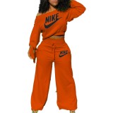 Autumn Casual Logo Print Crop Top and Loose Trousers Set