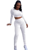Autumn Matching Two Piece Sexy Plain Ruched Crop Top and Pants Set