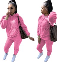 Winter Matching Two Piece Solid Color Plush Hoodie Sweatsuit