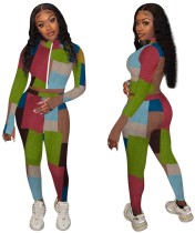 Autumn Matching Two Piece Colorful Zipper Crop Top and Pants Set