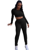 Autumn Matching Two Piece Sexy Plain Ruched Crop Top and Pants Set