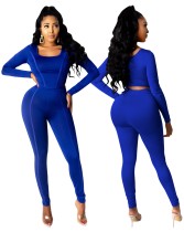 Autumn Solid Color Matching Tight Crop Top and High Waist Pants Set