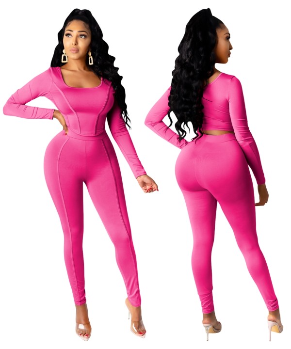 Autumn Solid Color Matching Tight Crop Top and High Waist Pants Set