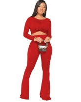 Autumn Matching Solid Color Crop Top and High Waist Pants Set