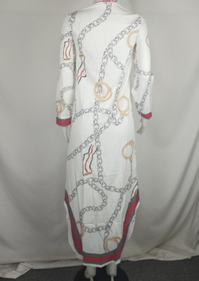 Autumn Chains Print Button Up Long Blouse Dress with Full Sleeves