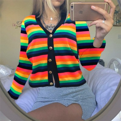 Autumn V-Neck Colorful Stripes Long Sleeve Top