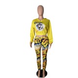 Autumn Casual Print Hoodie Crop Top and Track Pants Set