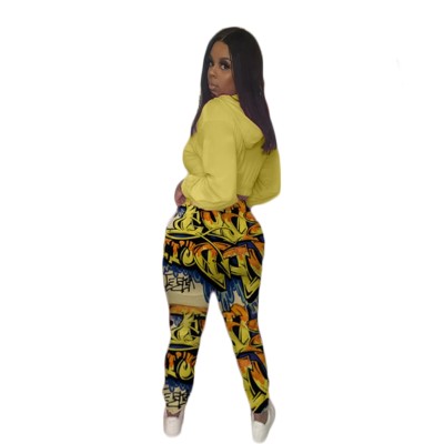 Autumn Casual Print Hoodie Crop Top and Track Pants Set