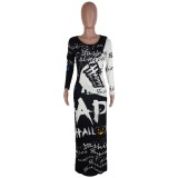 Autumn White and Black Print Long Sheath Dress with Full Sleeves