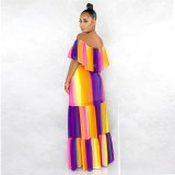 Off Shoulder Colorful Long Maxi Dress with Belt