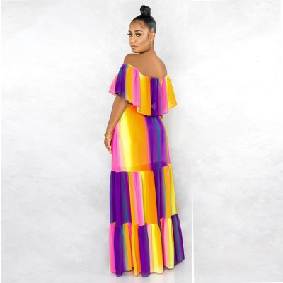 Off Shoulder Colorful Long Maxi Dress with Belt