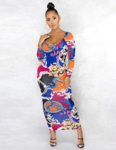 Autumn African Retro Print O-Neck Midi Dress with Full Sleeves