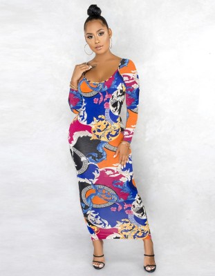 Autumn African Retro Print O-Neck Midi Dress with Full Sleeves