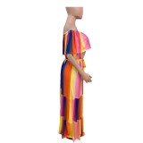 Off Shoulder Colorful Long Maxi Dress with Belt