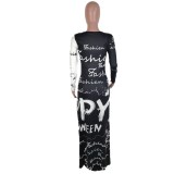 Autumn White and Black Print Long Sheath Dress with Full Sleeves