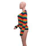 Autumn V-Neck Colorful Stripes Long Sleeve Top