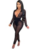 Sequins Sexy Deep-V See Through Bodycon Jumpsuit with Full Sleeves