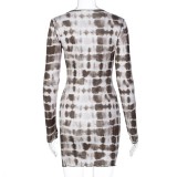 Sexy Snake Skin Round Neck Mini Club Dress with Full Sleeves