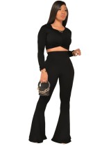 Autumn Matching Solid Color Crop Top and High Waist Pants Set