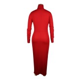 Autumn Solid Colot Turtleneck Ruched Midi Dress