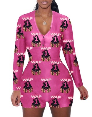 Autumn Print V-Neck Fitted Pajama Rompers