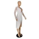 Autumn White Sexy Deep-V Wrapped Party Dress