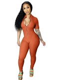 Short Sleeves Solid Color Zip Up Bodycon Jumpsuit