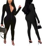 Autumn Solid Plain Long Sleeve Zipper Bodycon Jumpsuit