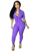 Short Sleeves Solid Color Zip Up Bodycon Jumpsuit