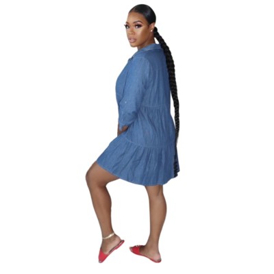 3/4 Sleeve Blue A-line Denim Shirt Dress