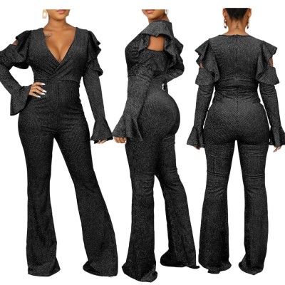 Formal Metallic Cutout Ruffles V-Neck Jumpsuit