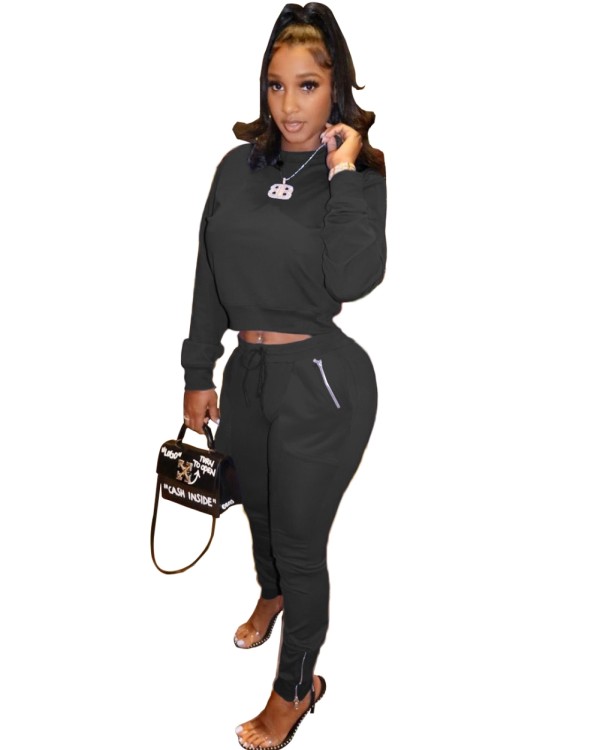 Autumn Solid Plain Round Neck Sweatsuit