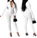 Autumn Solid Plain Long Sleeve Zipper Bodycon Jumpsuit