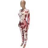 Party Sexy Long Sleeve Leopard Zipper Bodycon Jumpsuit