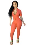 Short Sleeves Solid Color Zip Up Bodycon Jumpsuit