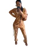 Autumn Casual Leopard Print Matching Strings Shirt and Pants Set
