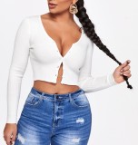 Autumn Long Sleeve Button Up Ribbed Crop Top