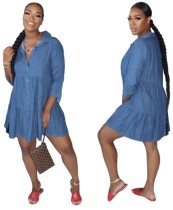 3/4 Sleeve Blue A-line Denim Shirt Dress