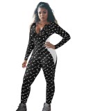 Autumn Contrast Print Zipper Bodycon Jumpsuit