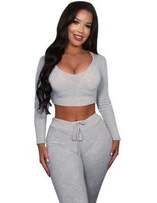 Autumn Solid Plain Sports Fitness Crop Top and Pants Set