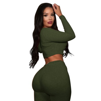 Autumn Solid Plain Sports Fitness Crop Top and Pants Set