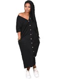 Casual Button Up V-Neck Long Shirt Dress with Short Sleeves