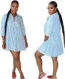 3/4 Sleeve Light Blue A-line Denim Shirt Dress