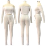 Autumn Sexy Pure Ribbed Crop Top and Pants Set
