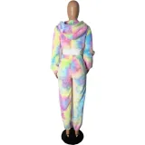 Winter Tie Dye Plush Zip Crop Top and Pants Set